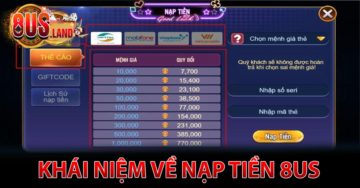 Khái niệm về nạp tiền 8US