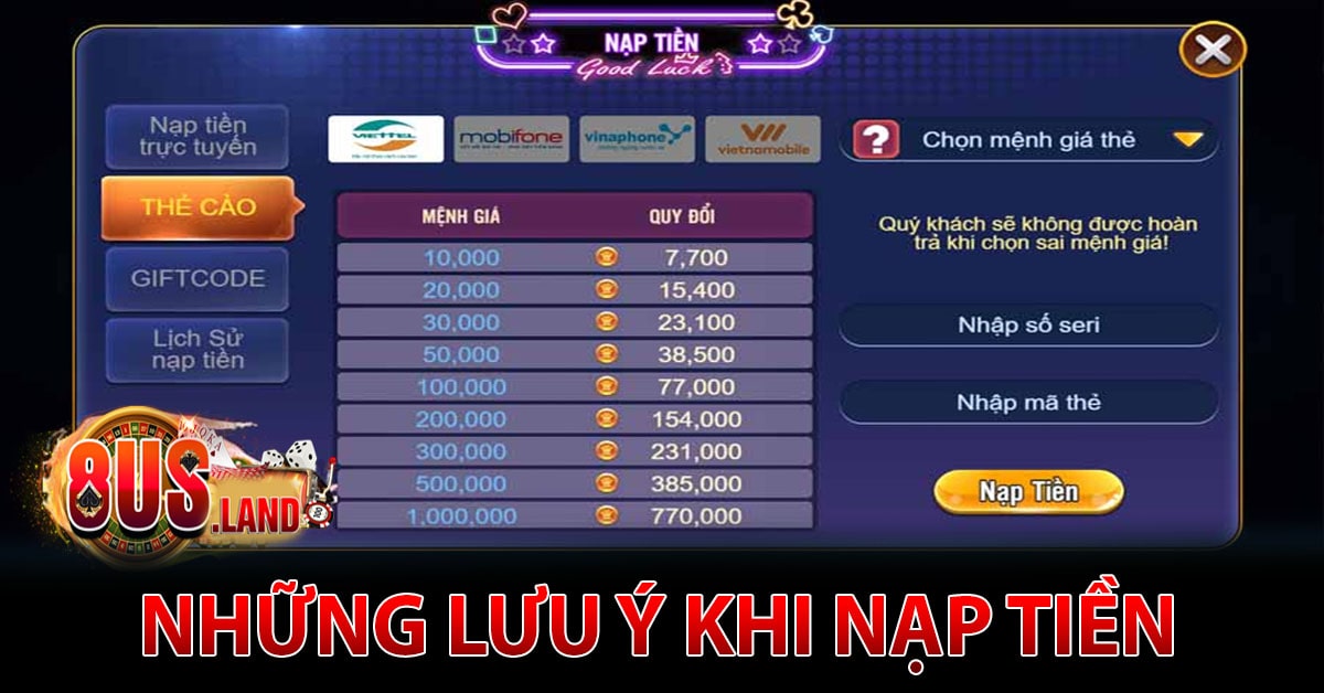 Những lưu ý khi nạp tiền